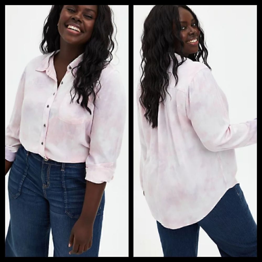 5X 28W Torrid Pink Tiedye Twill Button Up Blouse Back Box Pleat Button Cuff